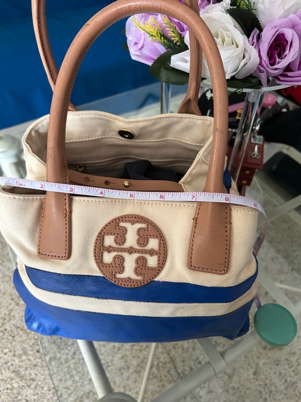 Tory Burch Blue, Cream & Tan Canvas Leather Tote - Picture 16 of 16